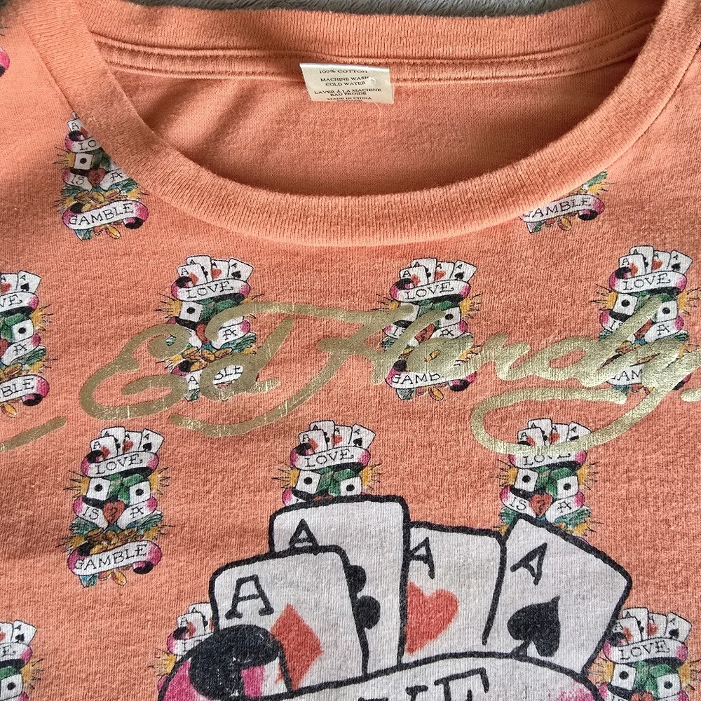 Ed Hardy Coral Pink and Olive Green Long Sleeve Layered Tee - Picture 9 of 14
